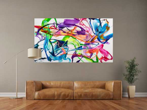 Original Gemälde abstrakt 100x180cm Action Painting zeitgenössisch handgemalt Fluid Painting weiß bunt hellgrün hochwertig