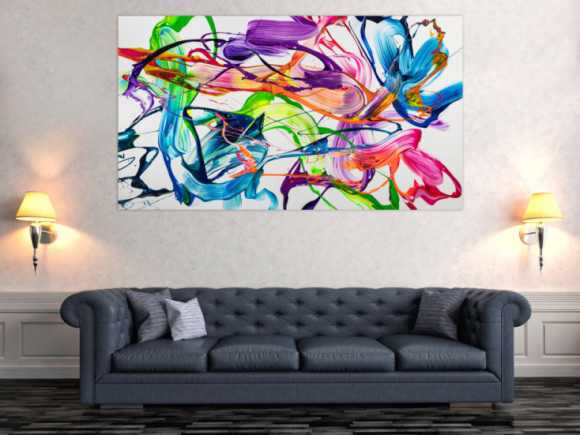 Original Gemälde abstrakt 100x180cm Action Painting zeitgenössisch handgemalt Fluid Painting weiß bunt hellgrün hochwertig