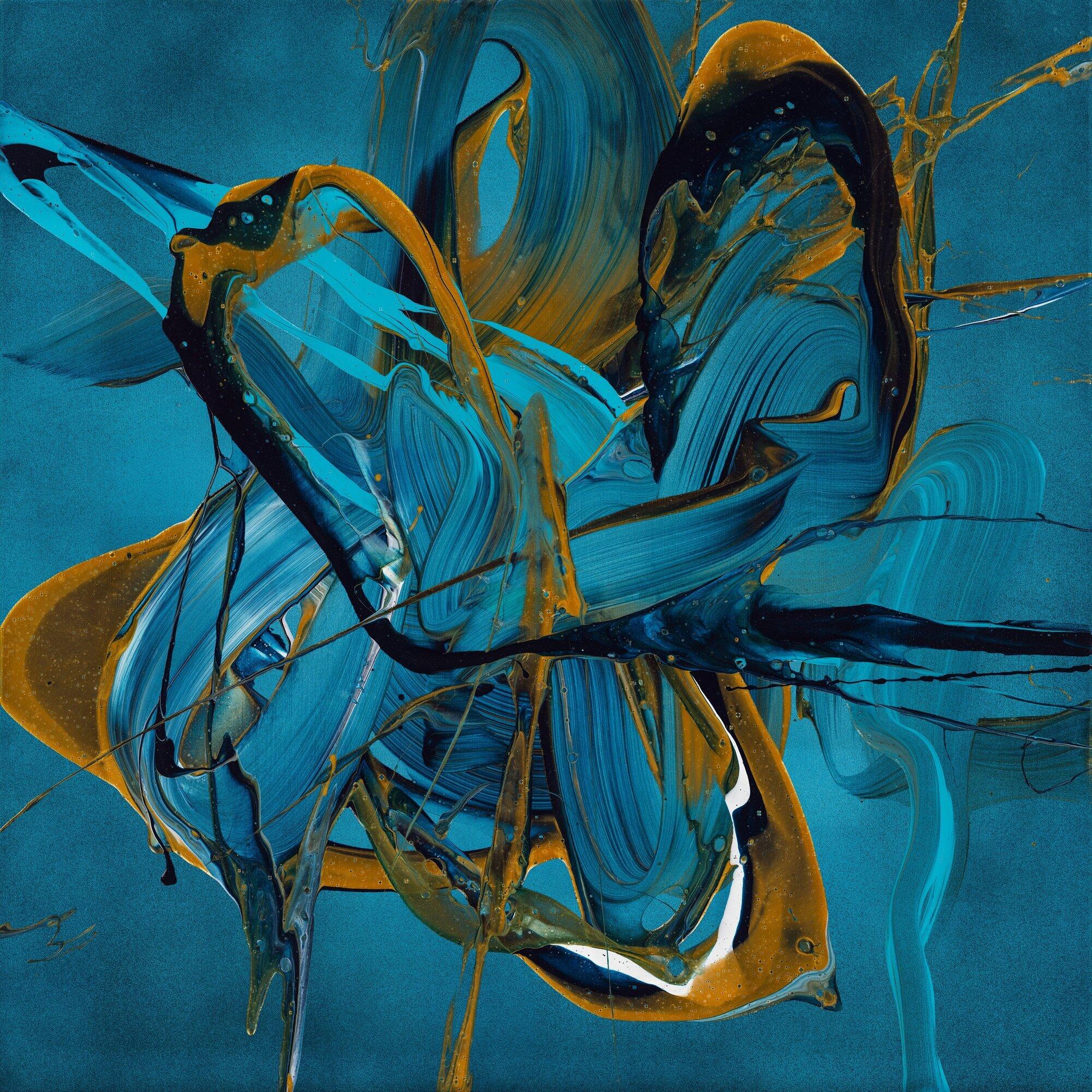 Abstraktes Action Painting 70x70cm - Blau Gold Türkis Splash Art Original