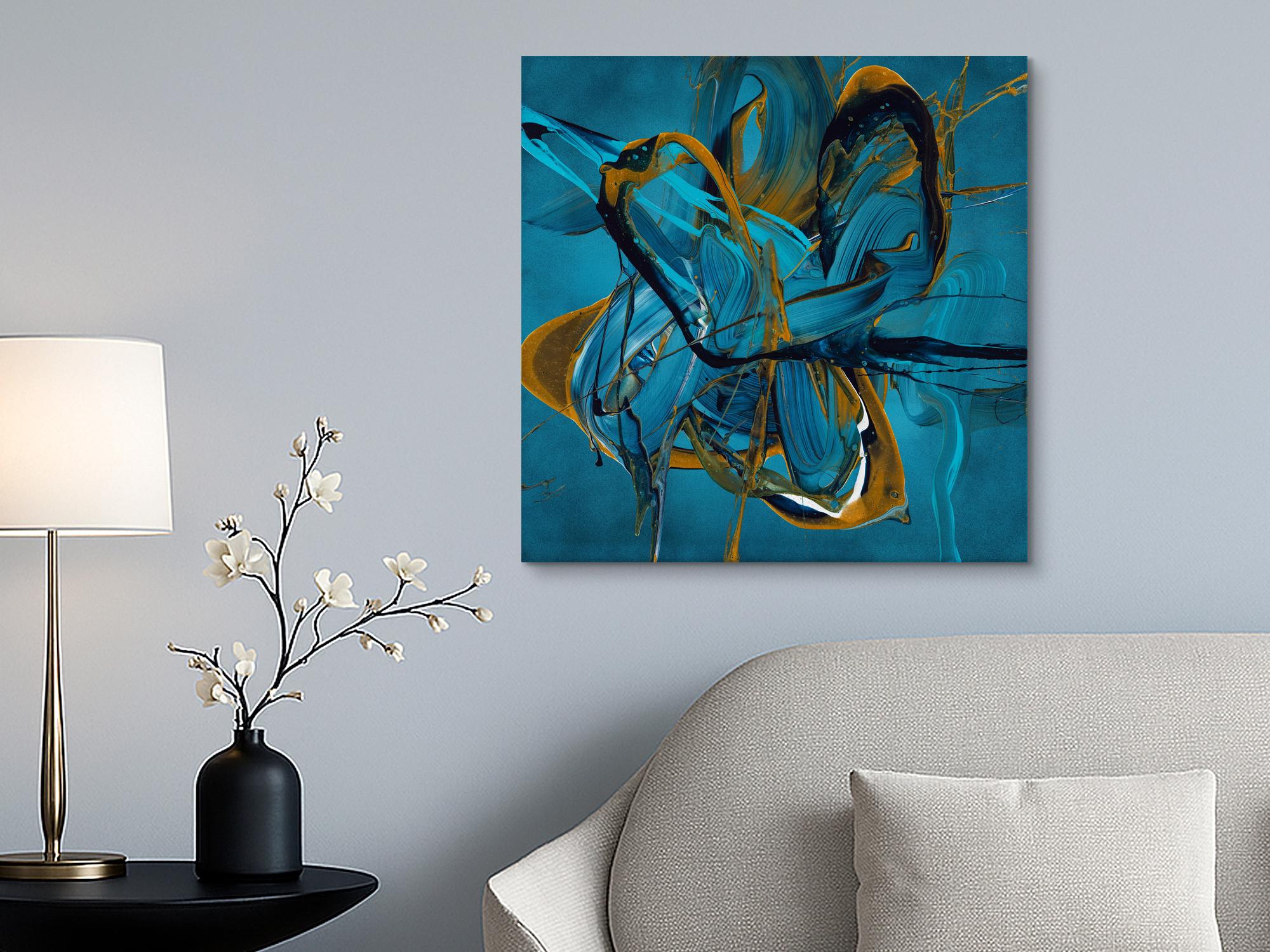 Abstraktes Action Painting 70x70cm - Blau Gold Türkis Splash Art Original