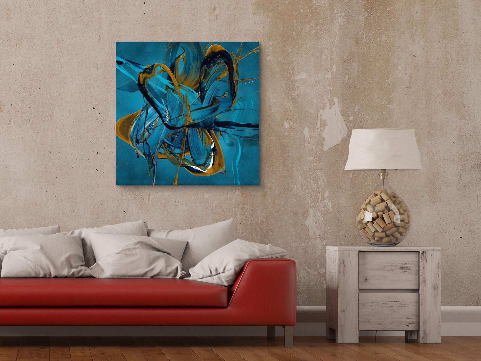 Abstraktes Action Painting 70x70cm - Blau Gold Türkis Splash Art Original