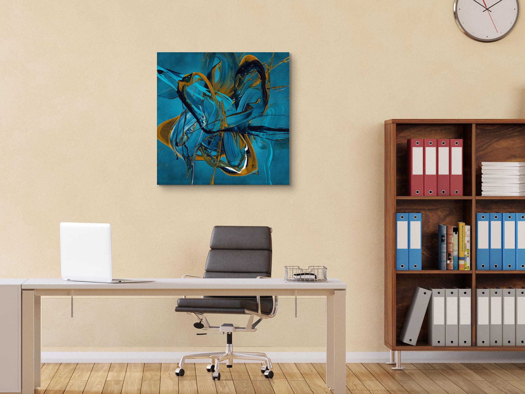 Abstraktes Action Painting 70x70cm - Blau Gold Türkis Splash Art Original