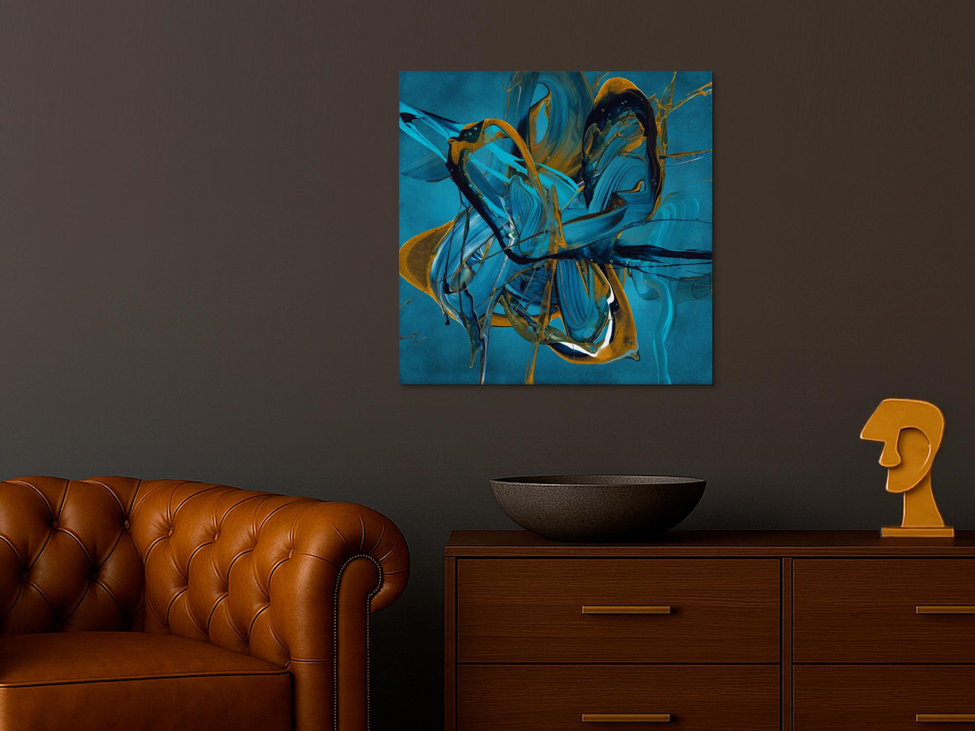 Gemälde Original abstrakt 70x70cm Action Painting expressionistisch auf Leinwand Fluid Painting blau gold türkis Unikat