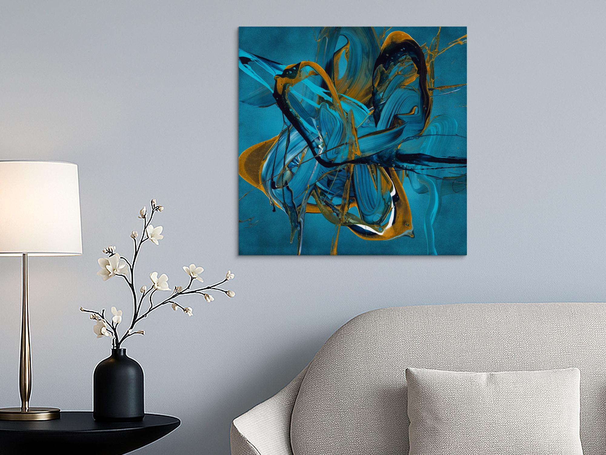 Gemälde Original abstrakt 70x70cm Action Painting expressionistisch auf Leinwand Fluid Painting blau gold türkis Unikat