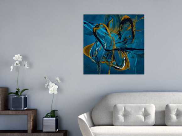 Gemälde Original abstrakt 70x70cm Action Painting expressionistisch auf Leinwand Fluid Painting blau gold türkis Unikat