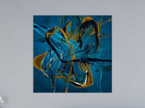 Gemälde Original abstrakt 70x70cm Action Painting expressionistisch auf Leinwand Fluid Painting blau gold türkis Unikat