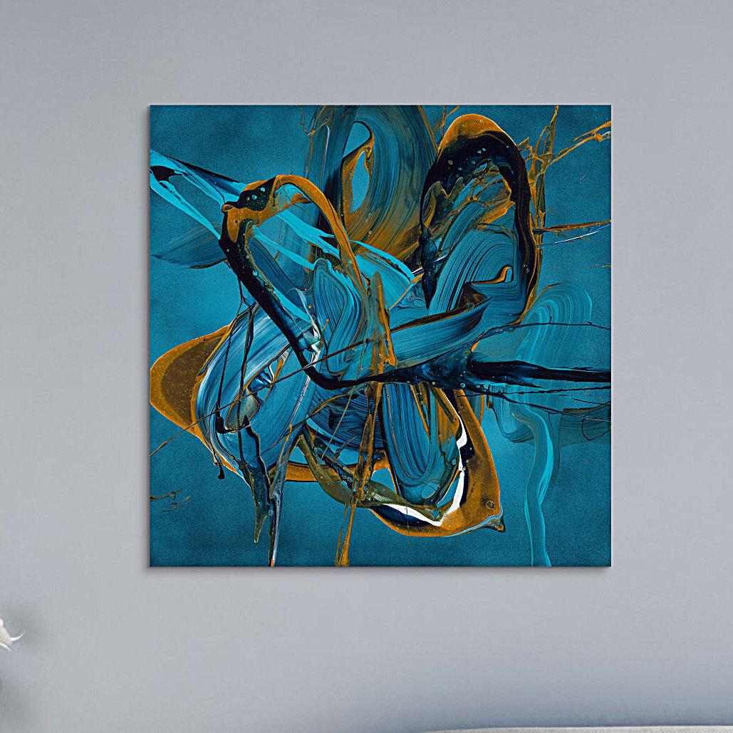 Gemälde Original abstrakt 70x70cm Action Painting expressionistisch auf Leinwand Fluid Painting blau gold türkis Unikat