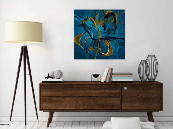 Gemälde Original abstrakt 70x70cm Action Painting expressionistisch auf Leinwand Fluid Painting blau gold türkis Unikat