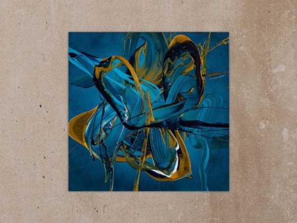 Gemälde Original abstrakt 70x70cm Action Painting expressionistisch auf Leinwand Fluid Painting blau gold türkis Unikat