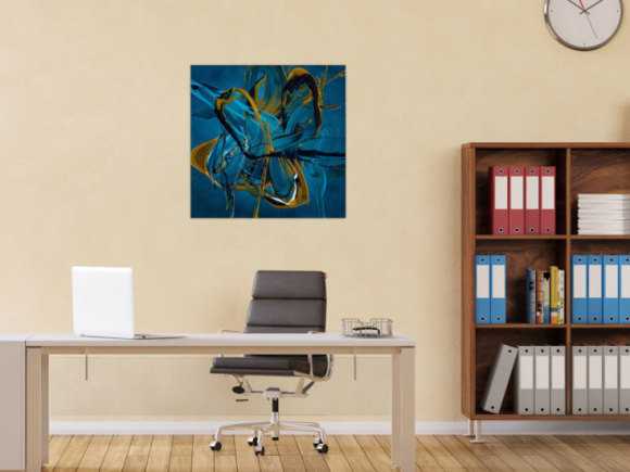 Gemälde Original abstrakt 70x70cm Action Painting expressionistisch auf Leinwand Fluid Painting blau gold türkis Unikat