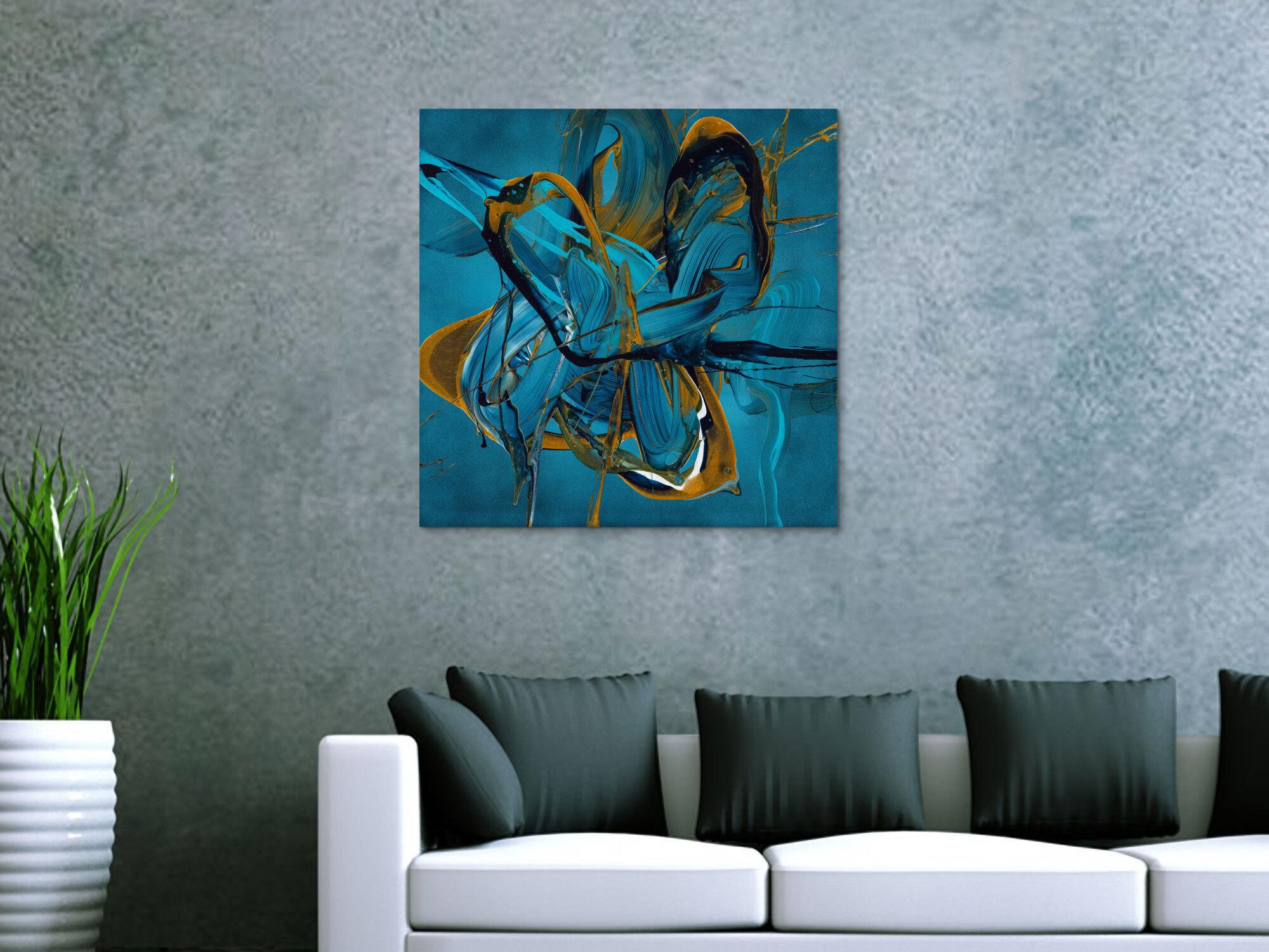 Gemälde Original abstrakt 70x70cm Action Painting expressionistisch auf Leinwand Fluid Painting blau gold türkis Unikat