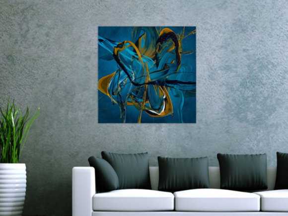 Gemälde Original abstrakt 70x70cm Action Painting expressionistisch auf Leinwand Fluid Painting blau gold türkis Unikat