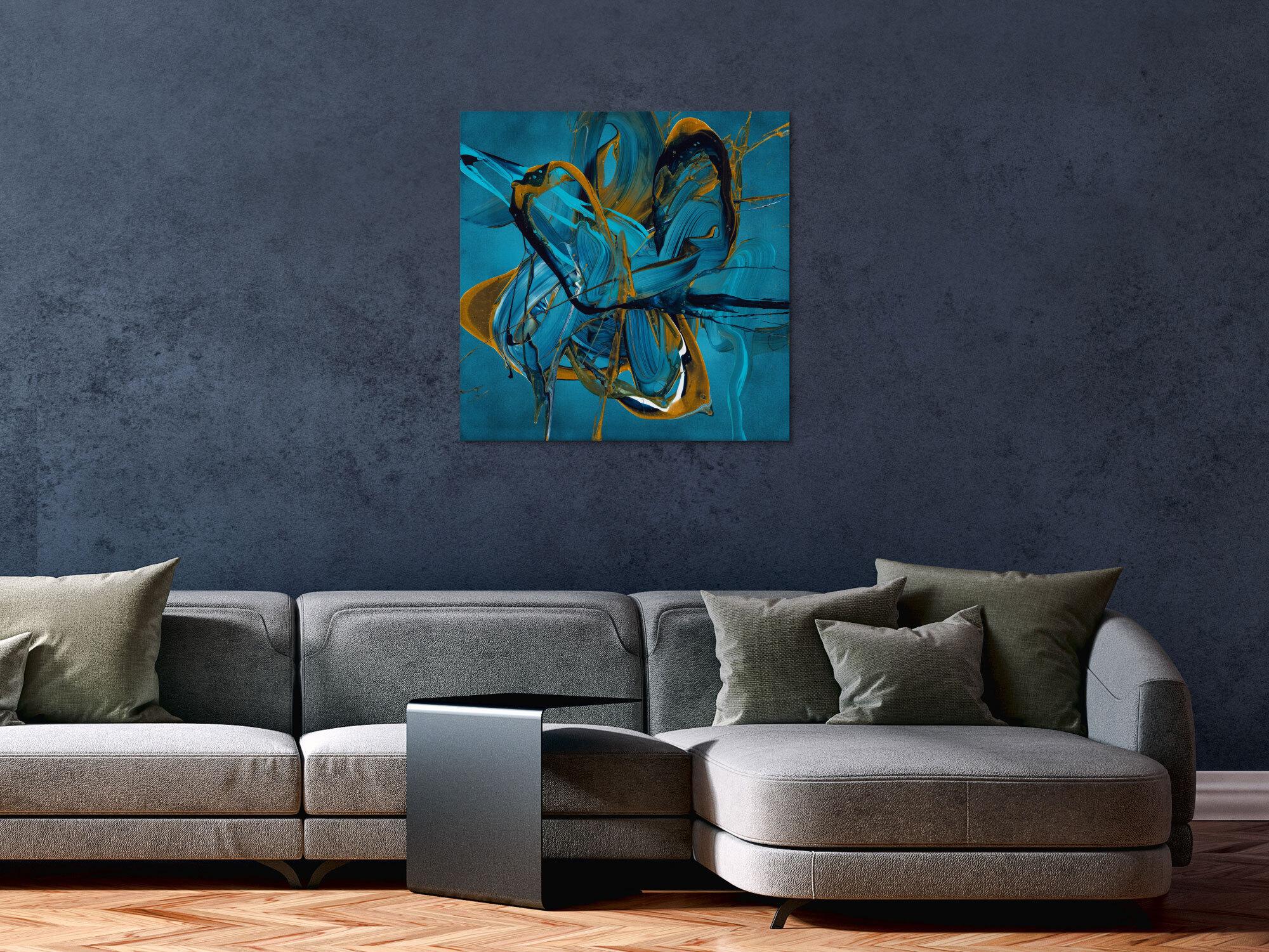 Gemälde Original abstrakt 70x70cm Action Painting expressionistisch auf Leinwand Fluid Painting blau gold türkis Unikat