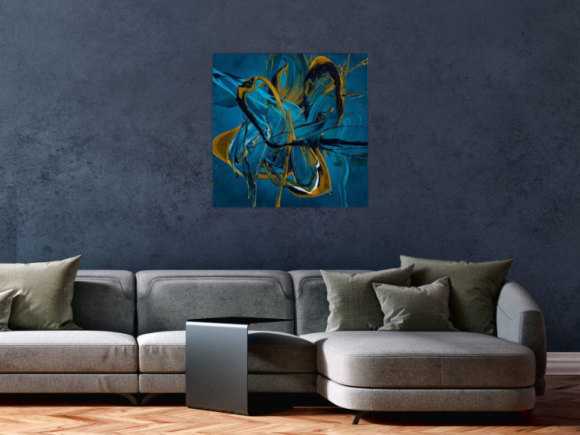 Gemälde Original abstrakt 70x70cm Action Painting expressionistisch auf Leinwand Fluid Painting blau gold türkis Unikat