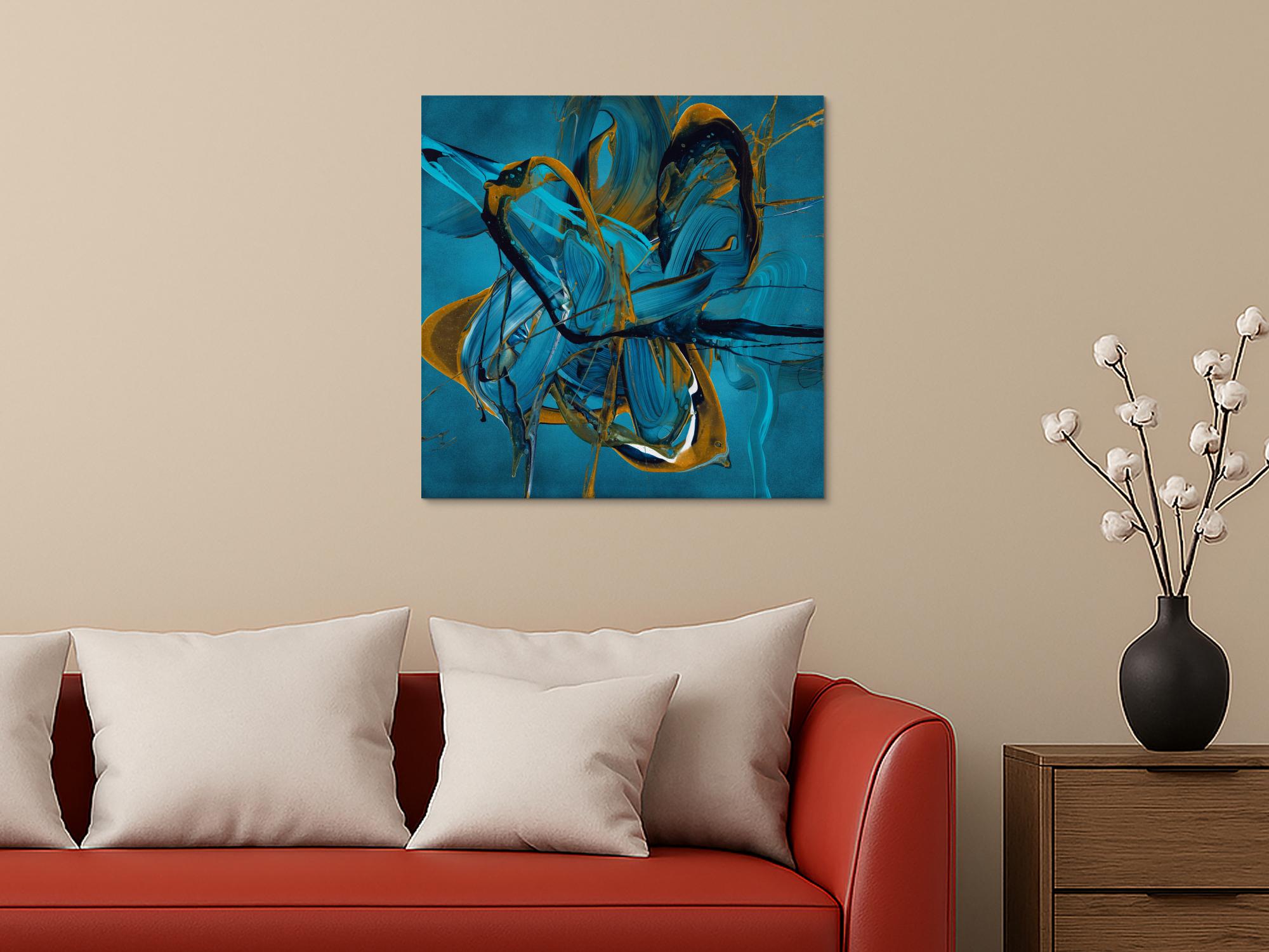 Gemälde Original abstrakt 70x70cm Action Painting expressionistisch auf Leinwand Fluid Painting blau gold türkis Unikat