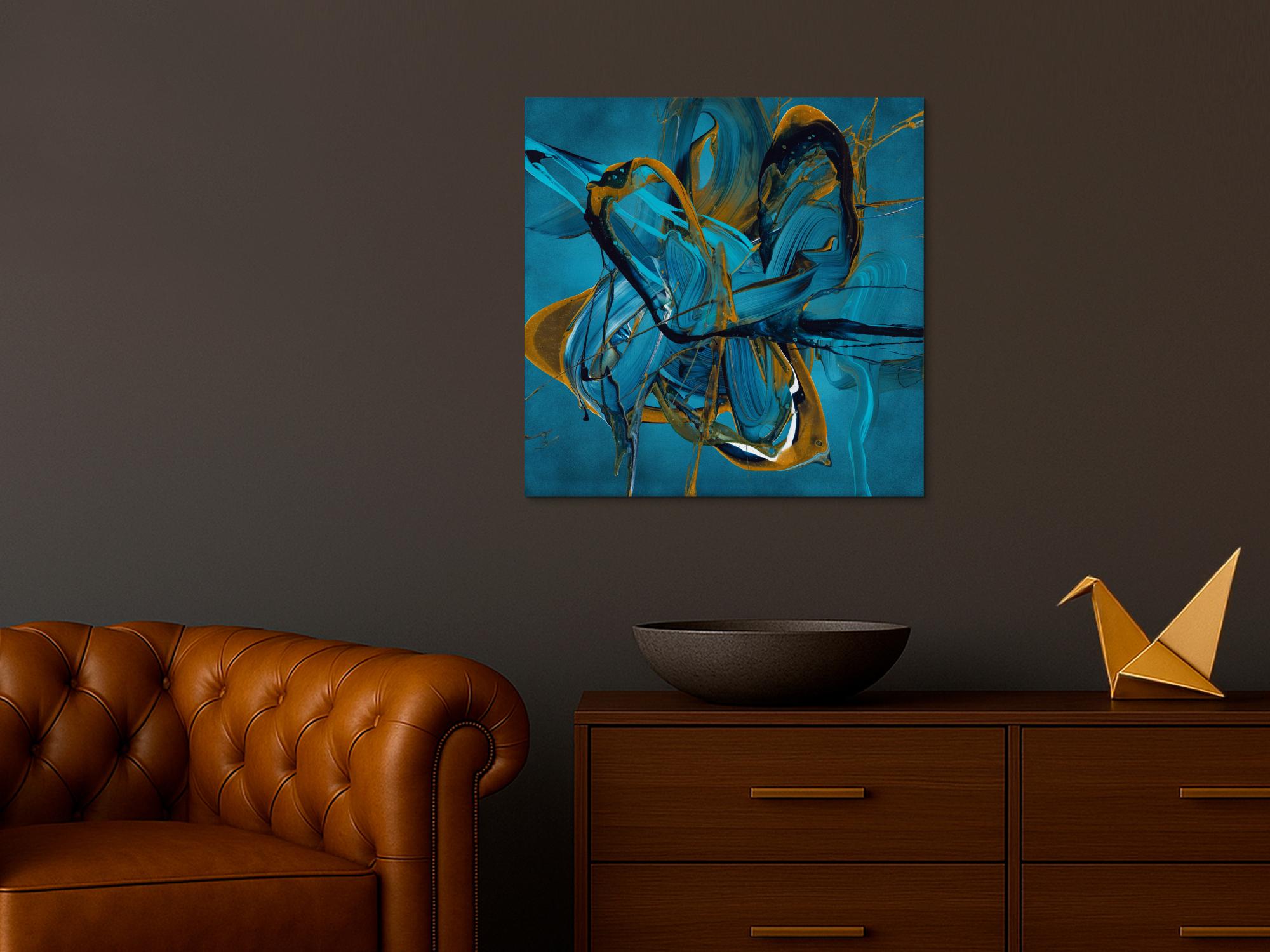 Gemälde Original abstrakt 70x70cm Action Painting expressionistisch auf Leinwand Fluid Painting blau gold türkis Unikat