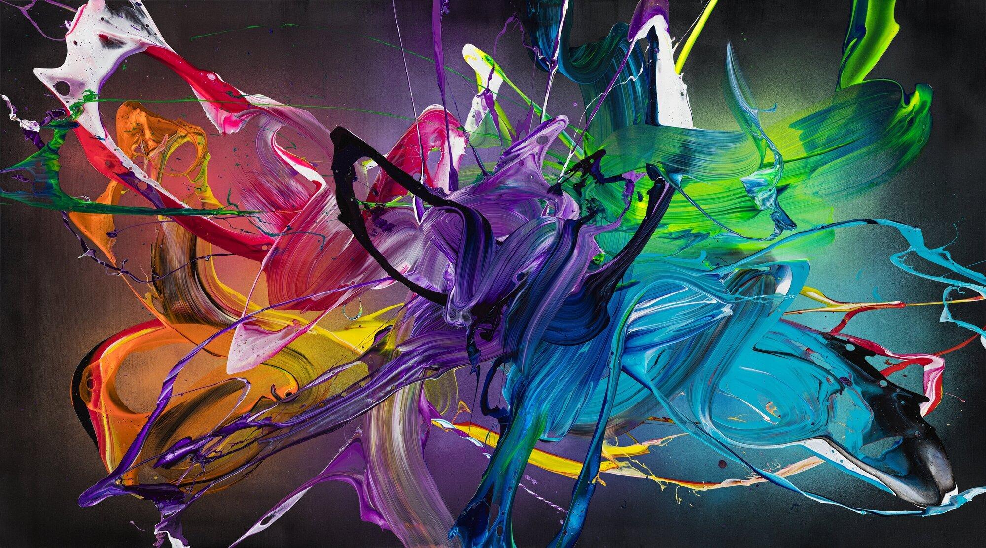 Gemälde Original abstrakt 100x180cm Action Painting Modern Art handgemalt Fluid Painting schwarz bunt violett Einzelstück