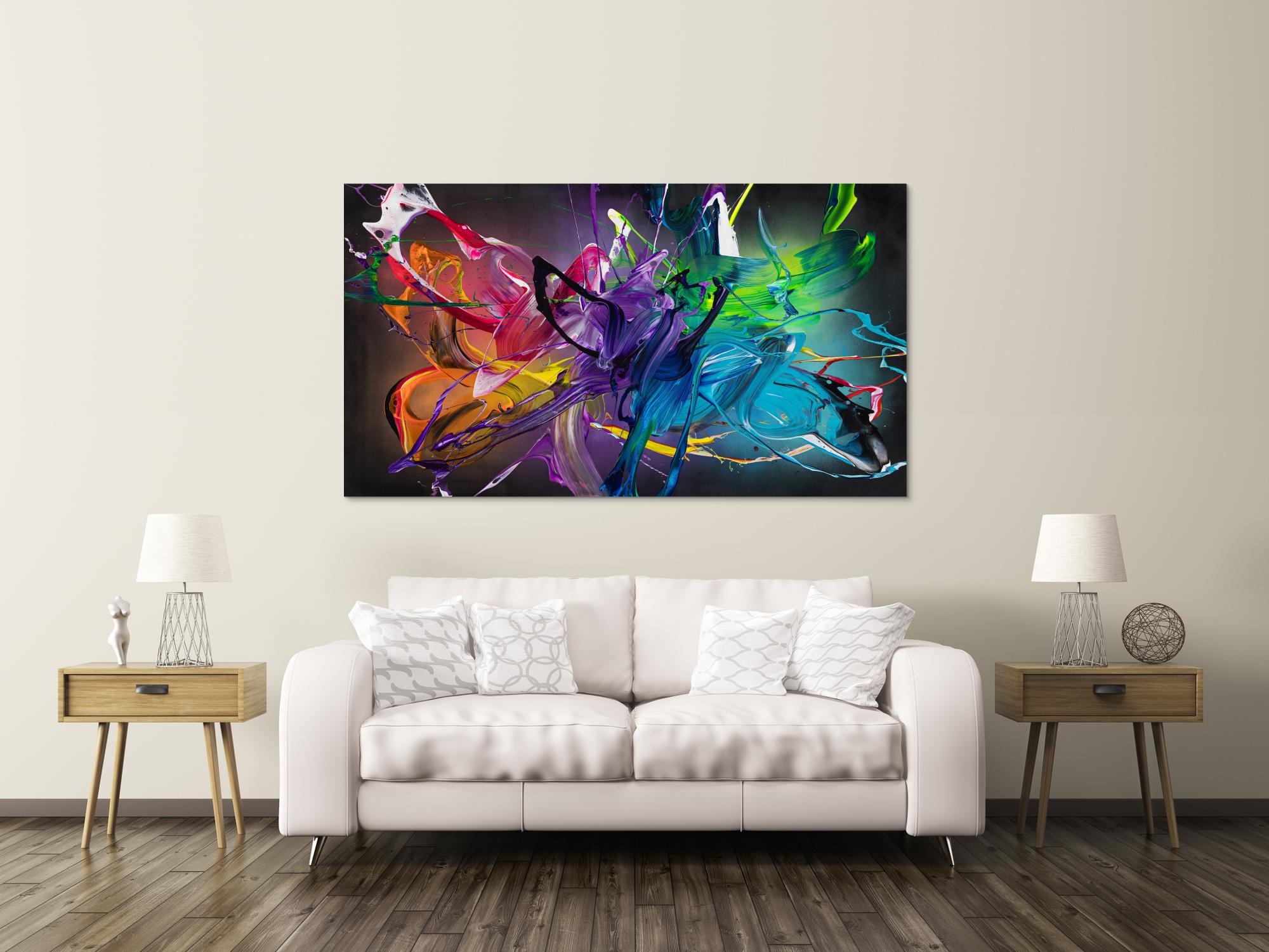 Gemälde Original abstrakt 100x180cm Action Painting Modern Art handgemalt Fluid Painting schwarz bunt violett Einzelstück
