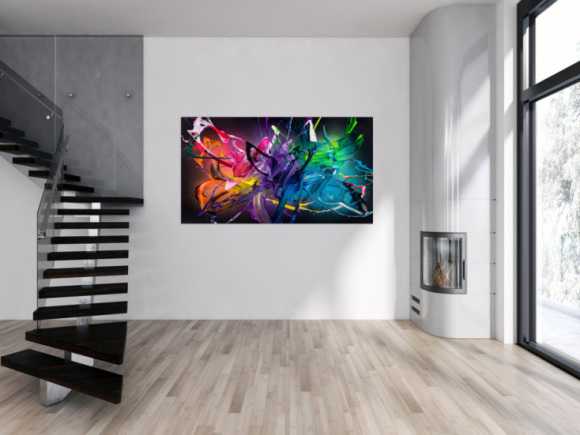 Gemälde Original abstrakt 100x180cm Action Painting Modern Art handgemalt Fluid Painting schwarz bunt violett Einzelstück