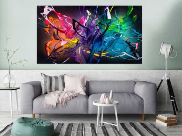 Gemälde Original abstrakt 100x180cm Action Painting Modern Art handgemalt Fluid Painting schwarz bunt violett Einzelstück