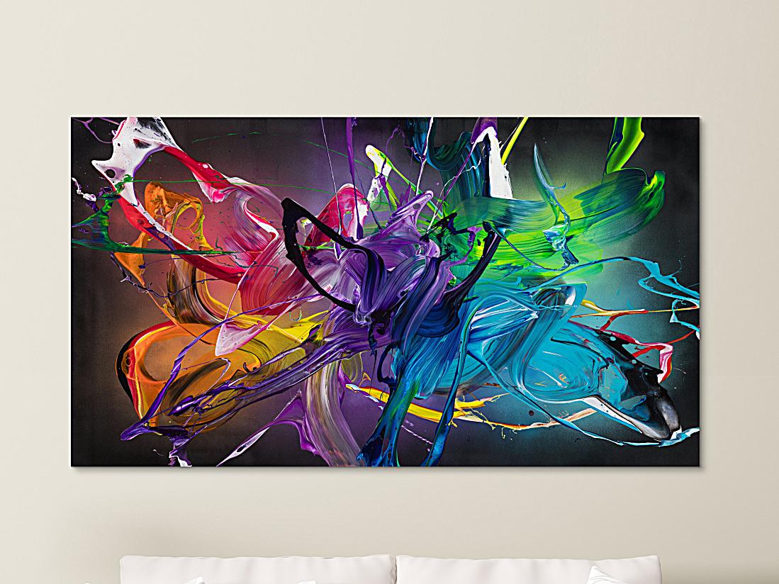 Gemälde Original abstrakt 100x180cm Action Painting Modern Art handgemalt Fluid Painting schwarz bunt violett Einzelstück