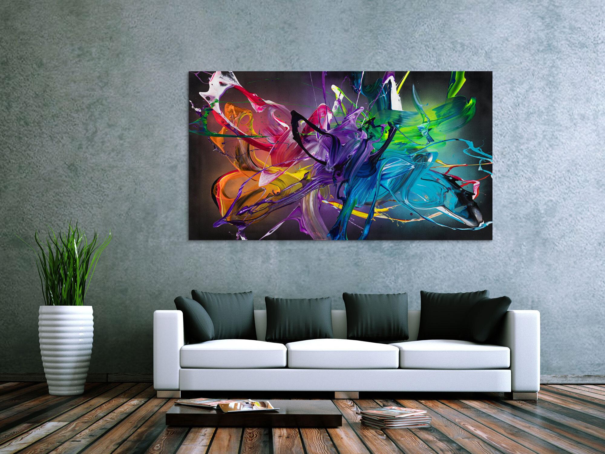 Gemälde Original abstrakt 100x180cm Action Painting Modern Art handgemalt Fluid Painting schwarz bunt violett Einzelstück