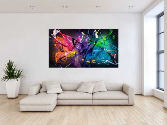 Gemälde Original abstrakt 100x180cm Action Painting Modern Art handgemalt Fluid Painting schwarz bunt violett Einzelstück