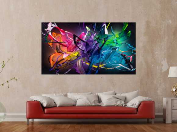 Gemälde Original abstrakt 100x180cm Action Painting Modern Art handgemalt Fluid Painting schwarz bunt violett Einzelstück