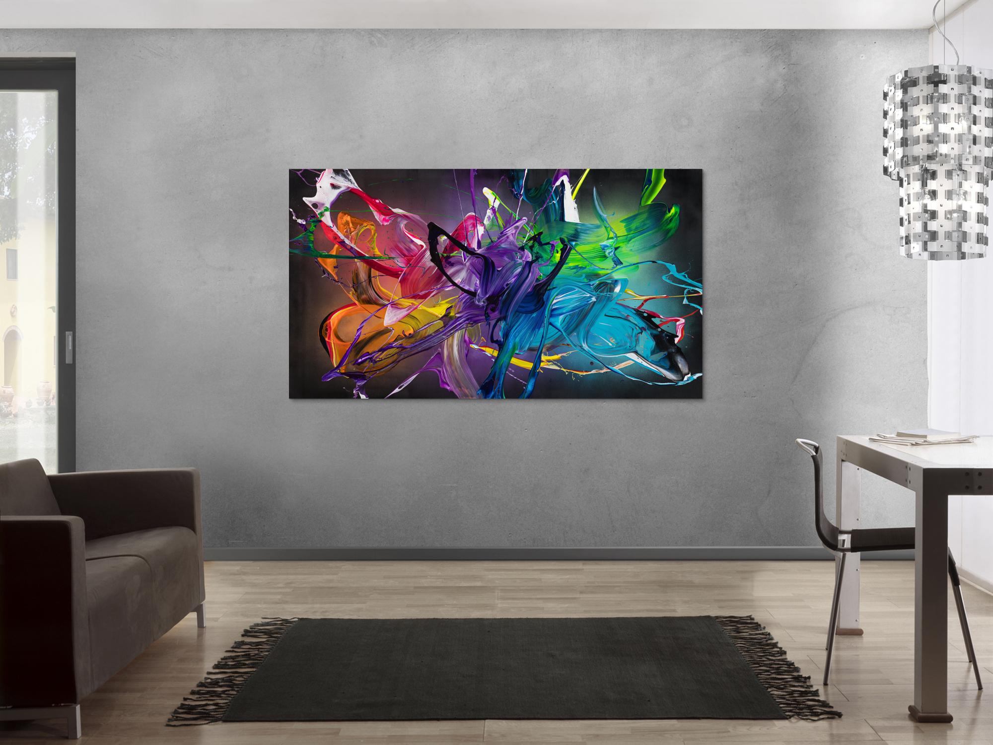 Gemälde Original abstrakt 100x180cm Action Painting Modern Art handgemalt Fluid Painting schwarz bunt violett Einzelstück