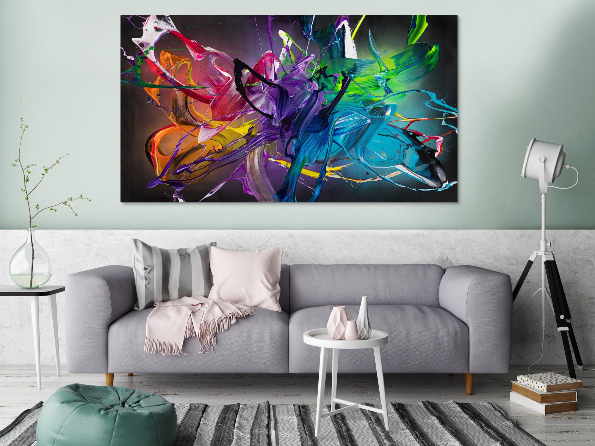 Gemälde Original abstrakt 100x180cm Action Painting Modern Art handgemalt Fluid Painting schwarz bunt violett Einzelstück