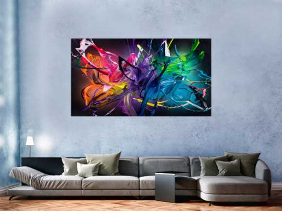 Gemälde Original abstrakt 100x180cm Action Painting Modern Art handgemalt Fluid Painting schwarz bunt violett Einzelstück
