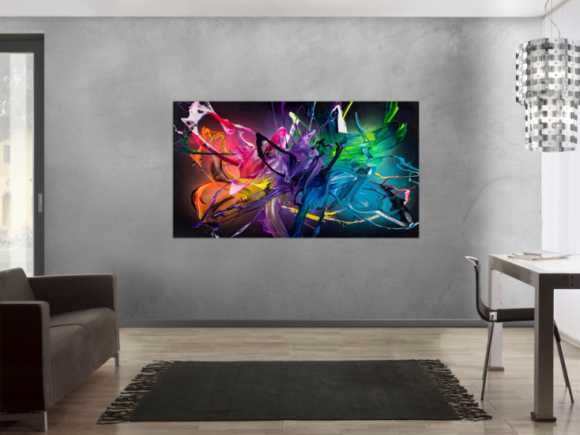 Gemälde Original abstrakt 100x180cm Action Painting Modern Art handgemalt Fluid Painting schwarz bunt violett Einzelstück