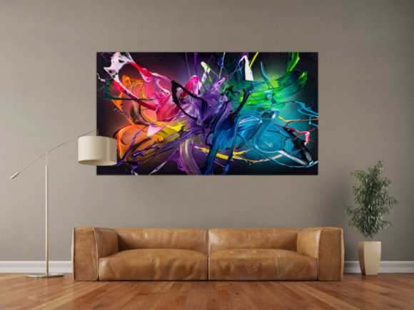 Gemälde Original abstrakt 100x180cm Action Painting Modern Art handgemalt Fluid Painting schwarz bunt violett Einzelstück