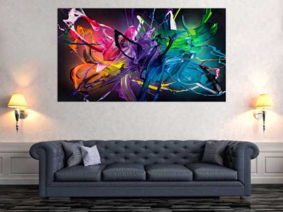 Gemälde Original abstrakt 100x180cm Action Painting Modern Art handgemalt Fluid Painting schwarz bunt violett Einzelstück