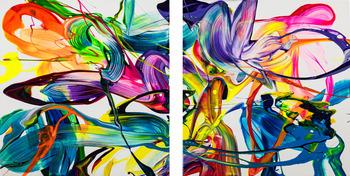 Gemälde Original abstrakt 70x120cm Action Painting zeitgenössisch auf Leinwand Fluid Painting bunt weiß blau Einzelstück