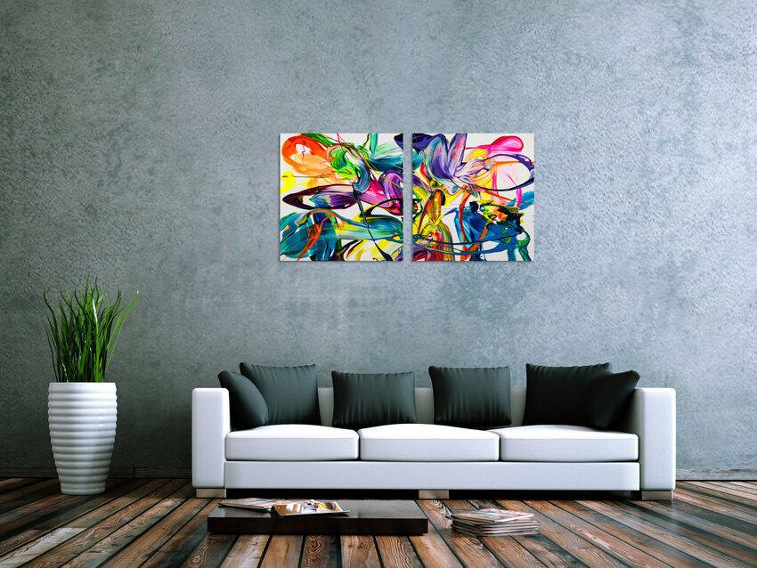 Gemälde Original abstrakt 70x120cm Action Painting zeitgenössisch auf Leinwand Fluid Painting bunt weiß blau Einzelstück