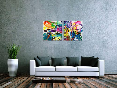 Gemälde Original abstrakt 70x120cm Action Painting zeitgenössisch auf Leinwand Fluid Painting bunt weiß blau Einzelstück
