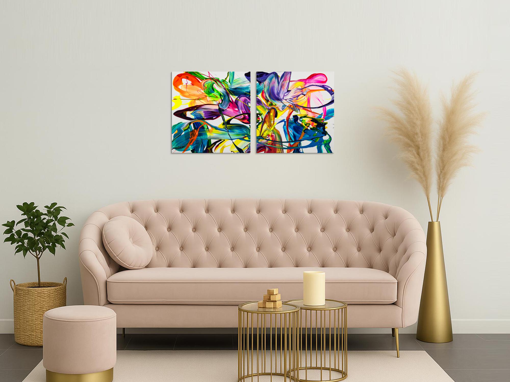 Gemälde Original abstrakt 70x120cm Action Painting zeitgenössisch auf Leinwand Fluid Painting bunt weiß blau Einzelstück