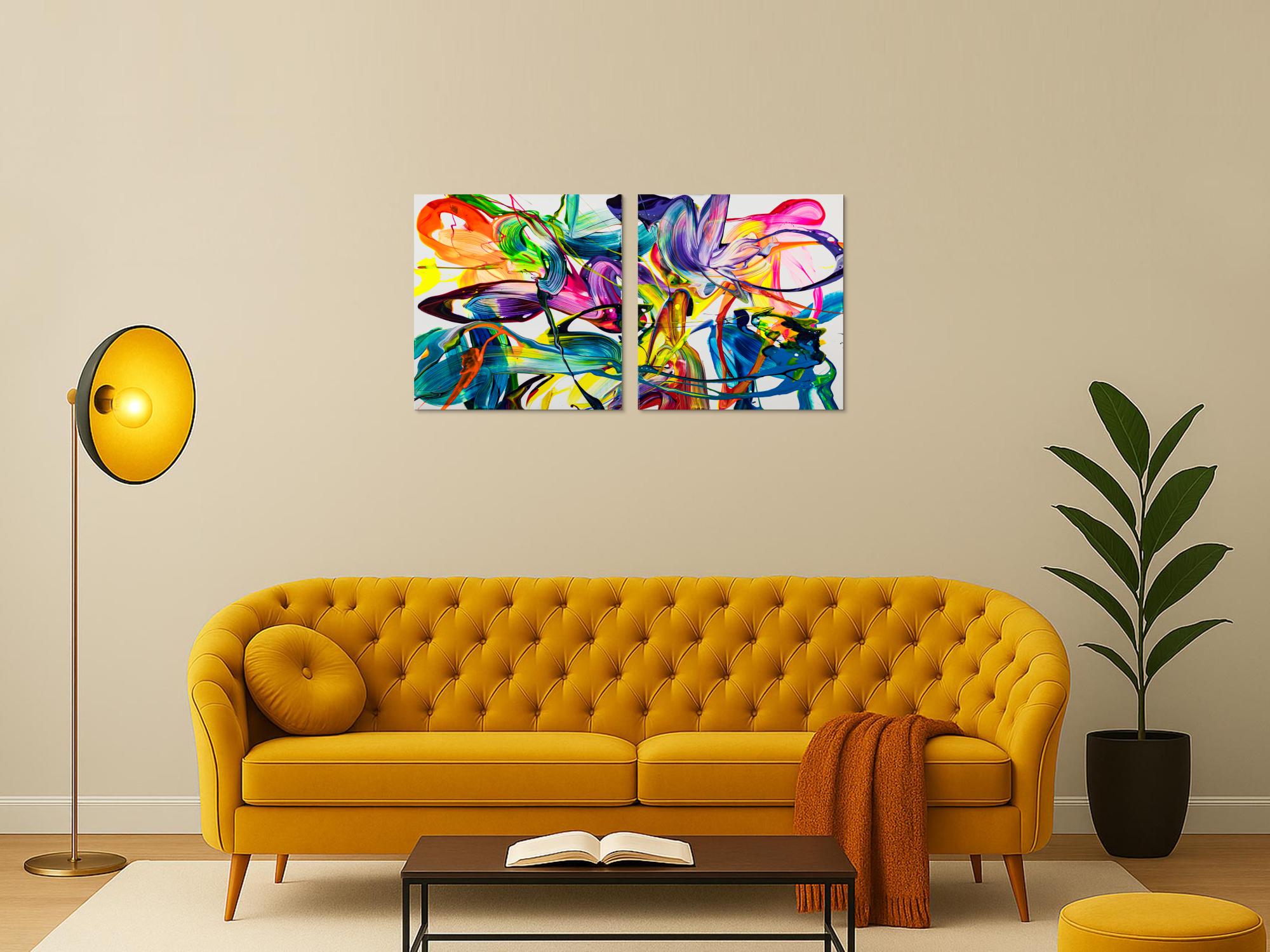 Gemälde Original abstrakt 70x120cm Action Painting zeitgenössisch auf Leinwand Fluid Painting bunt weiß blau Einzelstück