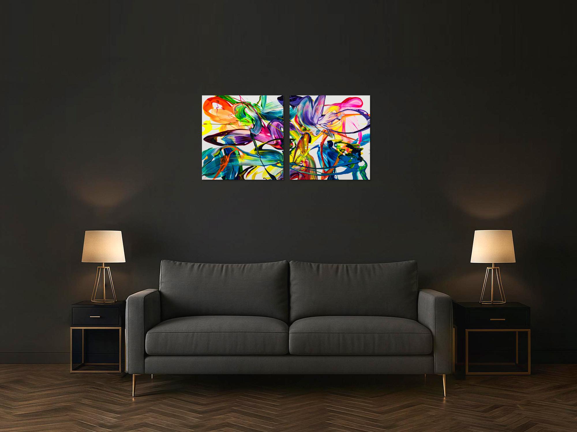 Gemälde Original abstrakt 70x120cm Action Painting zeitgenössisch auf Leinwand Fluid Painting bunt weiß blau Einzelstück