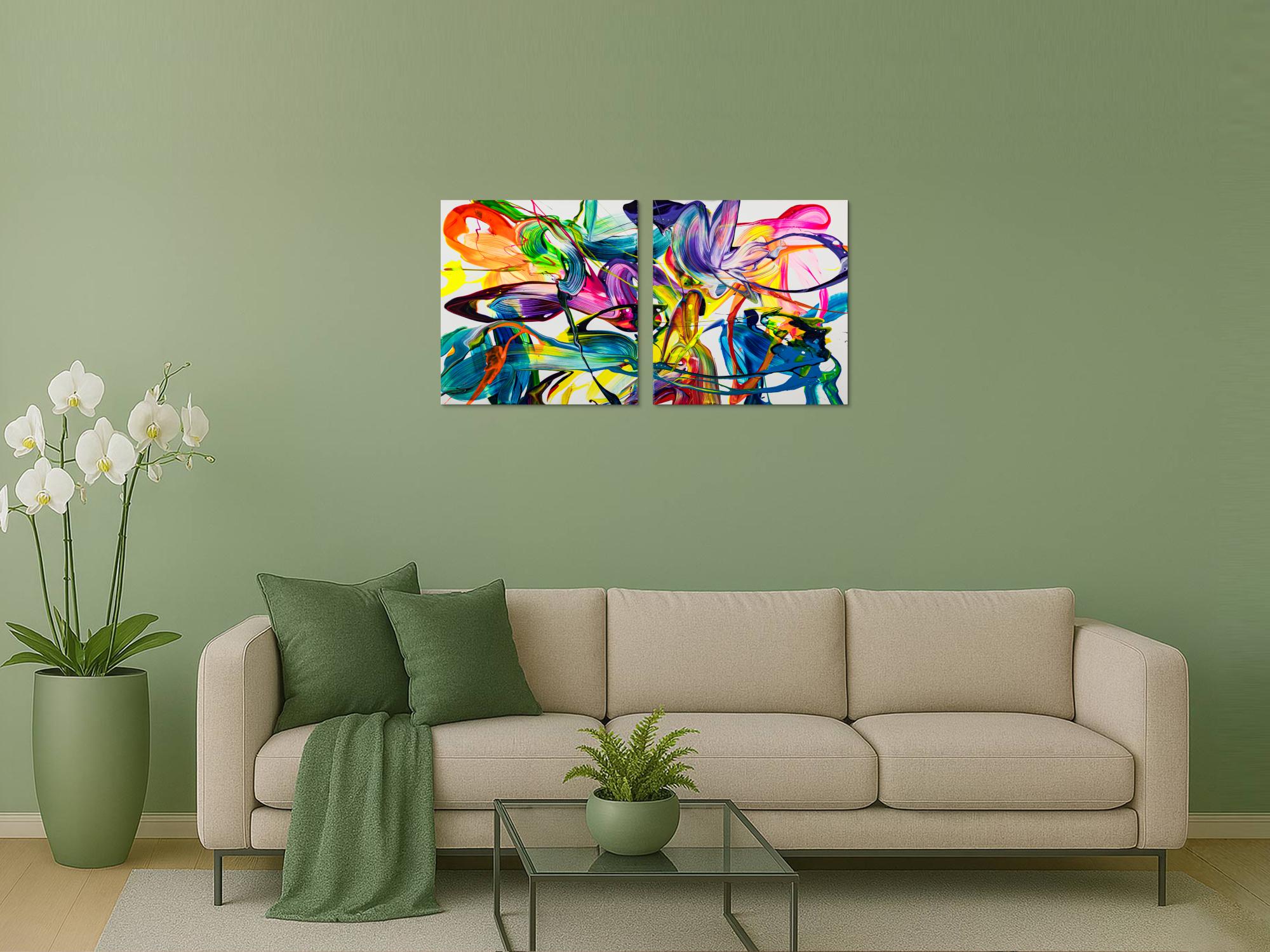 Gemälde Original abstrakt 70x120cm Action Painting zeitgenössisch auf Leinwand Fluid Painting bunt weiß blau Einzelstück