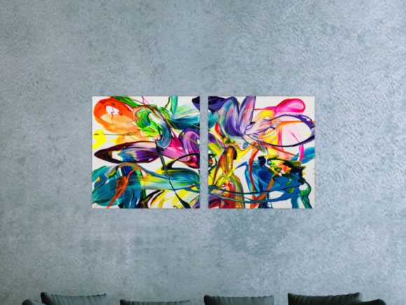 Gemälde Original abstrakt 70x120cm Action Painting zeitgenössisch auf Leinwand Fluid Painting bunt weiß blau Einzelstück