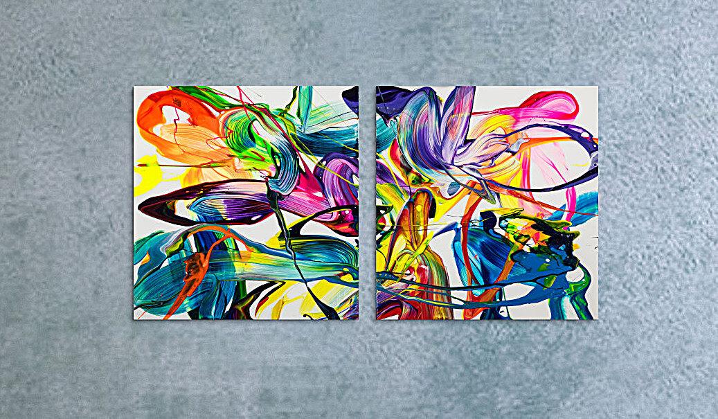 Gemälde Original abstrakt 70x120cm Action Painting zeitgenössisch auf Leinwand Fluid Painting bunt weiß blau Einzelstück