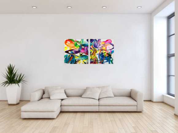 Gemälde Original abstrakt 70x120cm Action Painting zeitgenössisch auf Leinwand Fluid Painting bunt weiß blau Einzelstück