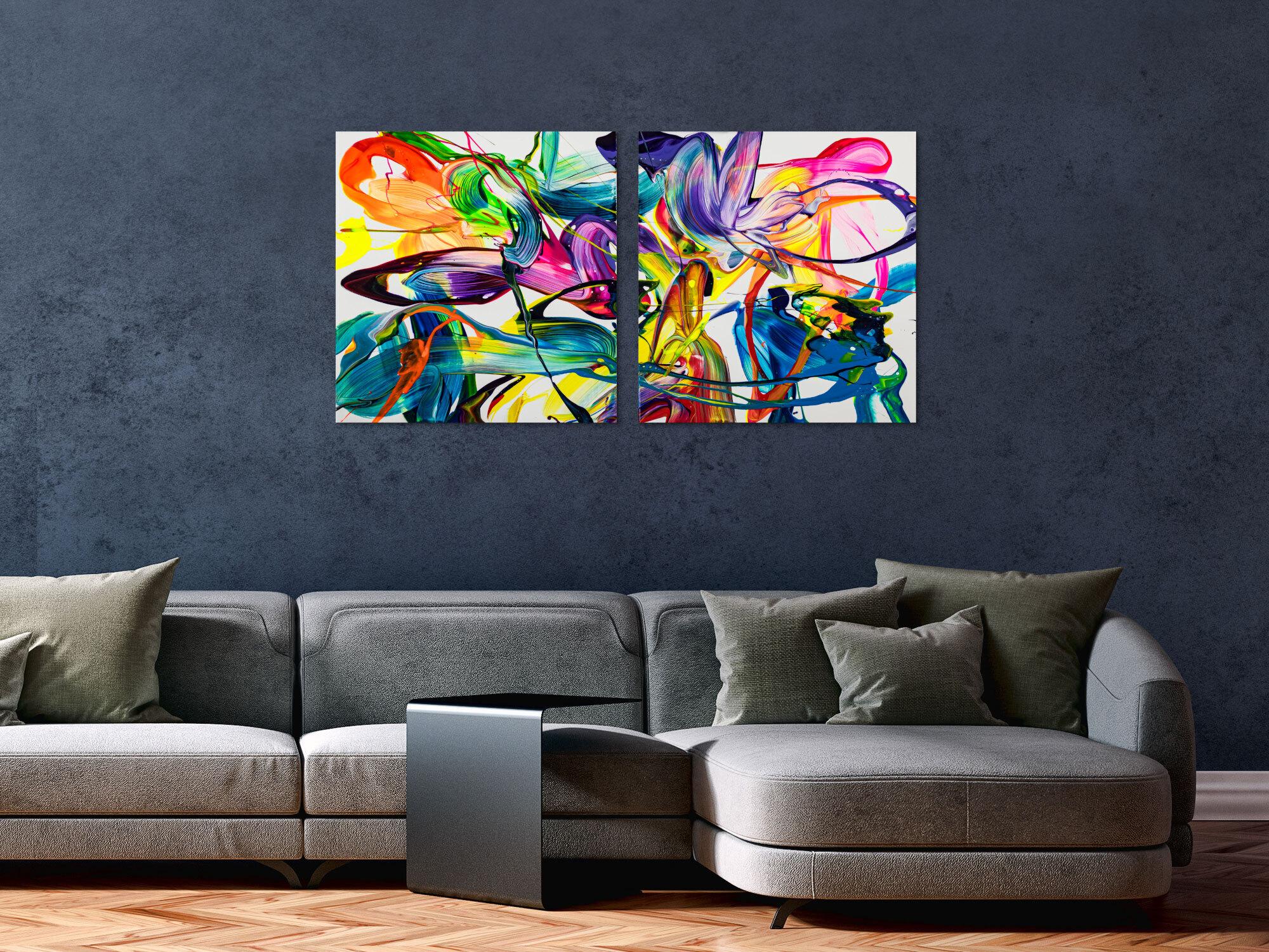 Gemälde Original abstrakt 70x120cm Action Painting zeitgenössisch auf Leinwand Fluid Painting bunt weiß blau Einzelstück