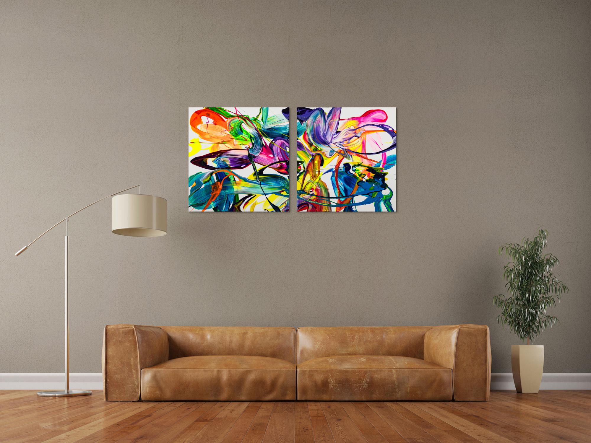 Gemälde Original abstrakt 70x120cm Action Painting zeitgenössisch auf Leinwand Fluid Painting bunt weiß blau Einzelstück