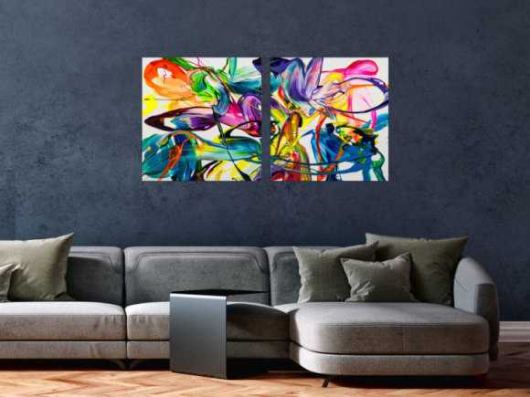 Gemälde Original abstrakt 70x120cm Action Painting zeitgenössisch auf Leinwand Fluid Painting bunt weiß blau Einzelstück