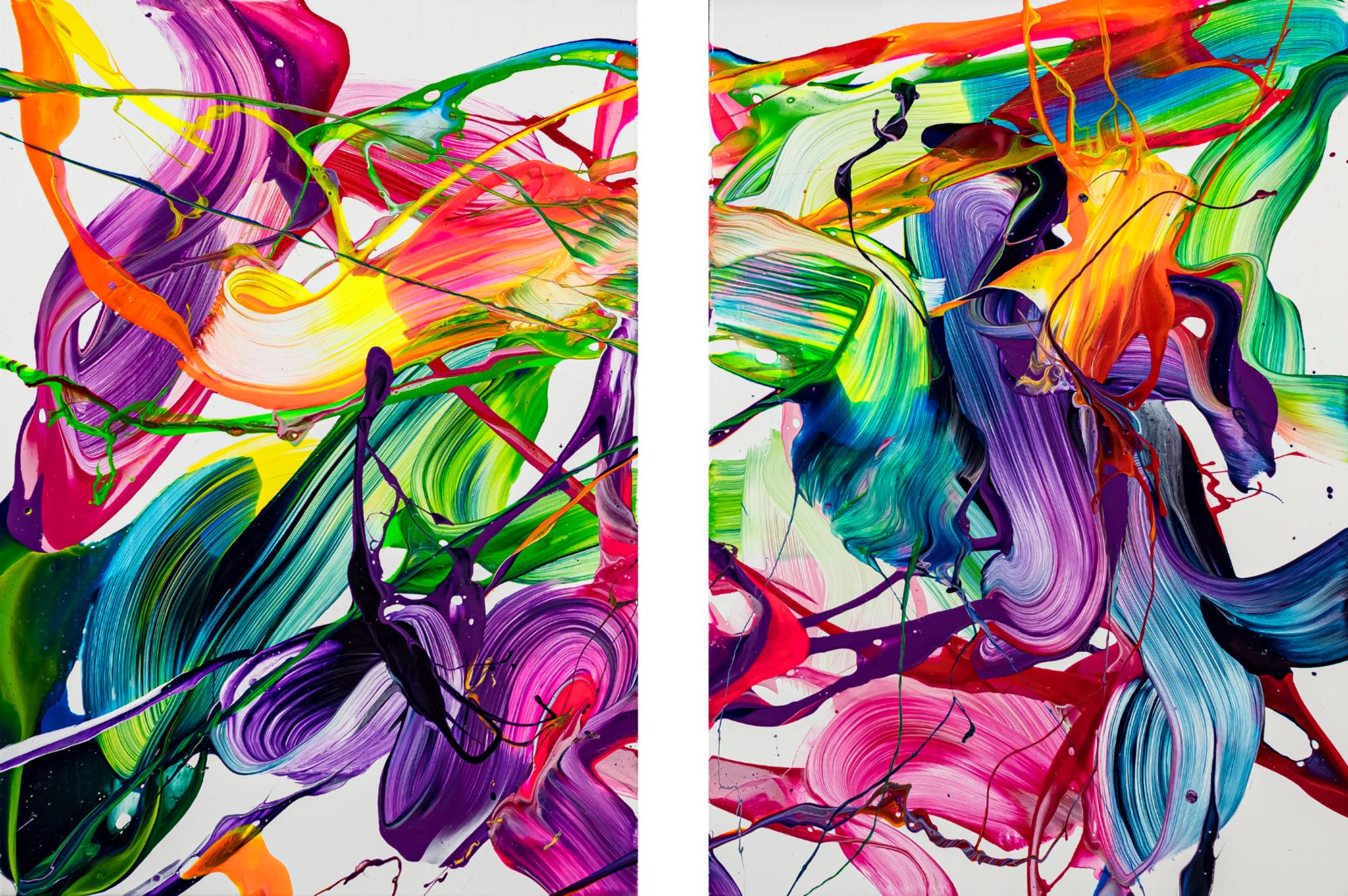 Original Gemälde abstrakt 70x100cm Action Painting expressionistisch auf Leinwand Fluid Painting bunt weiß blau einzigartig