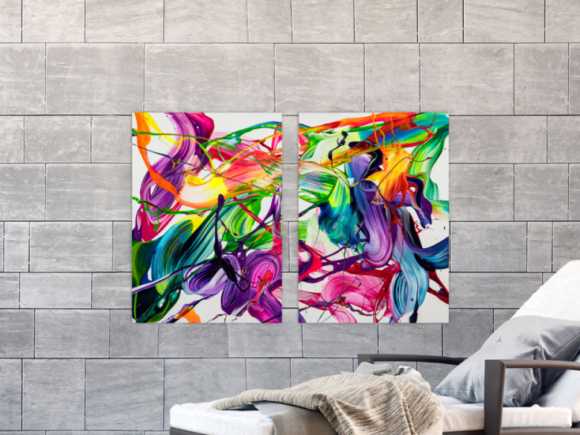 Original Gemälde abstrakt 70x100cm Action Painting expressionistisch auf Leinwand Fluid Painting bunt weiß blau einzigartig