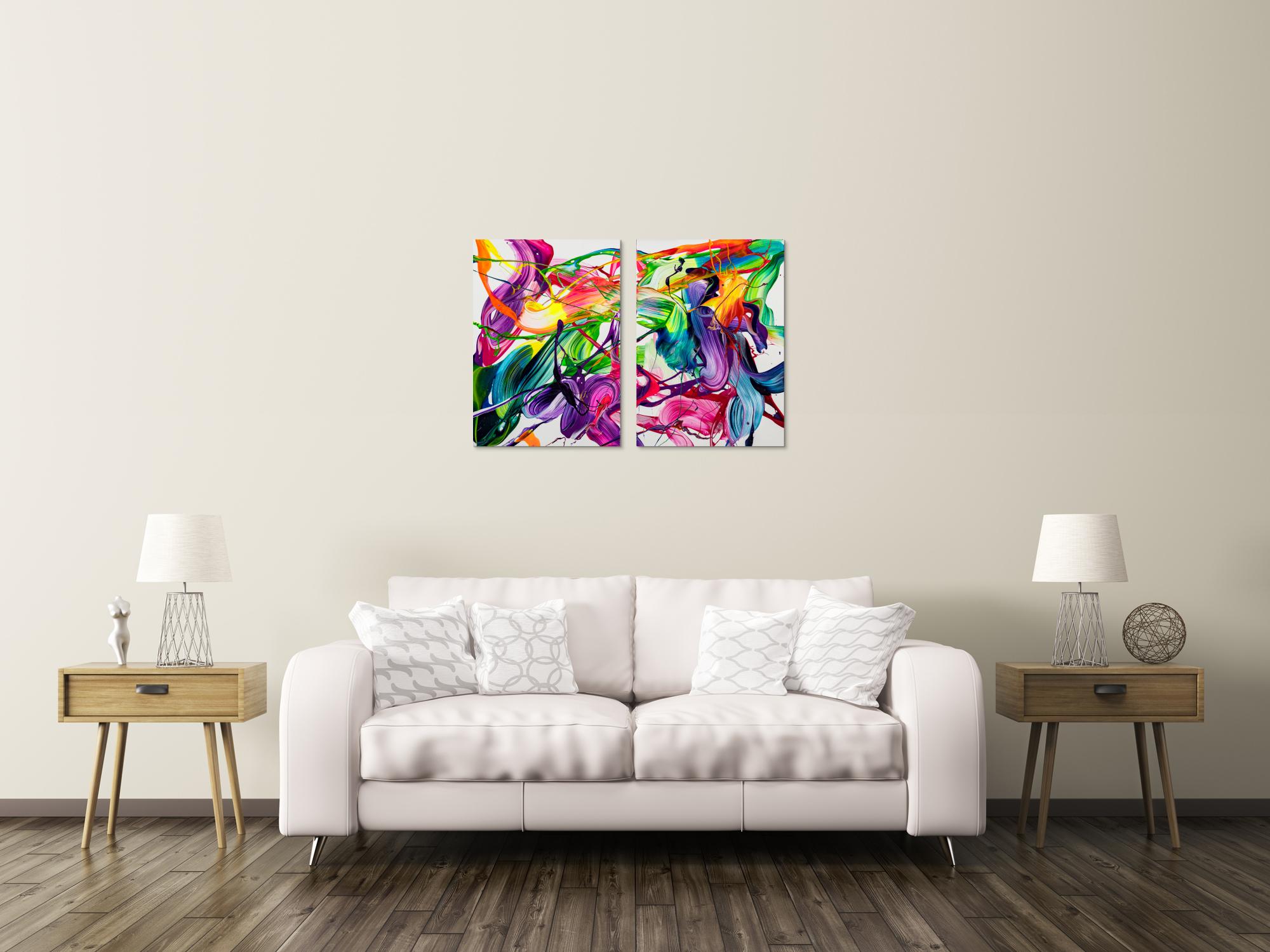 Original Gemälde abstrakt 70x100cm Action Painting expressionistisch auf Leinwand Fluid Painting bunt weiß blau einzigartig